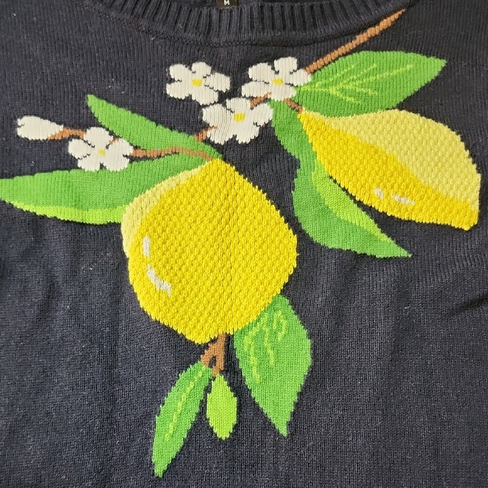 TALBOTS | Navy Fresh Lemon Intarsia Cotton Blend Preppy Pullover Sweater | M - Picture 3 of 9